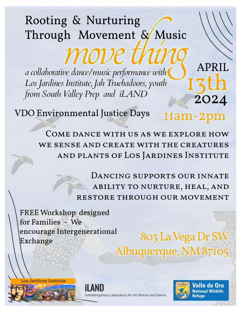 A flyer containing information for the event, whose title reads "Rooting & Nurturing through Movement and Music: move thing." In the background is faded graphics depicting birds flying and two people dancing. 
